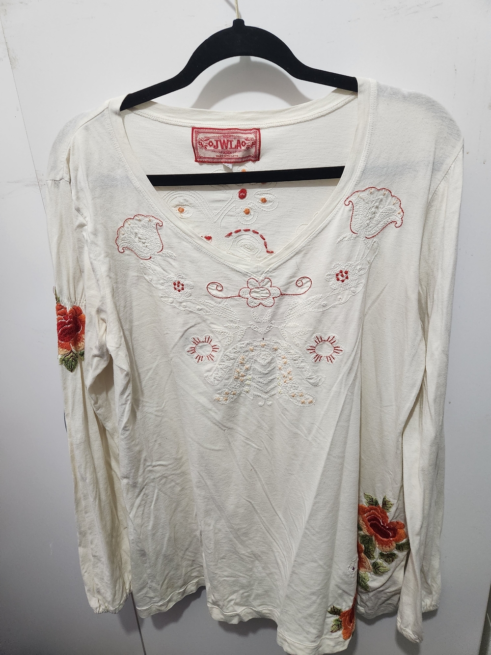 Johnny Was Embroidered Cream Long-Sleeve V-Neck Top